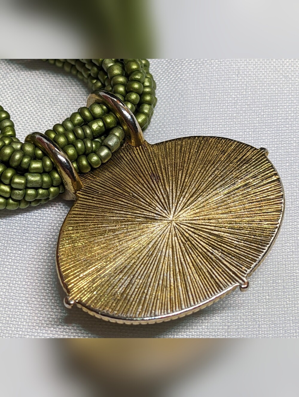 Seed Bead Necklace W/ Cabochon Pendant, Sage Green W/ Gold-tone Findings,Adjust. - Picture 7 of 7